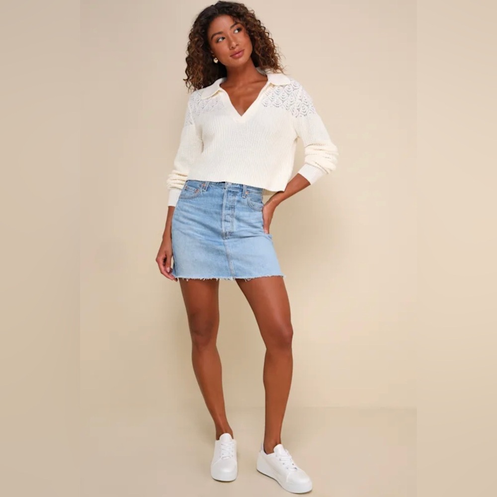 Lulus Cozy Cream Pointelle Knit Collared Cropped Sweater White - Picture 2 of 3